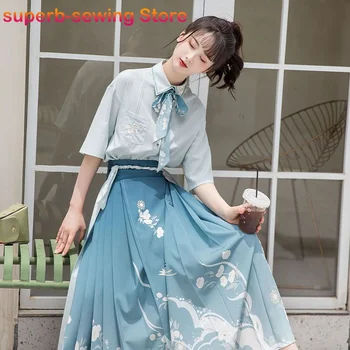  2 buc/1set Chineză Hanfu Tricou de Imprimare Vrac Stil Modern Chineză Rochie Femei Moderne Jk Set Elegant Fata de Cal Rochie de Primăvară