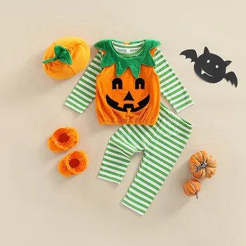  5pcs Haine pentru Copii Seturi de Copil Fată Băiat Maneca Lunga Dovleac de Halloween de Imprimare Vesta+Stripe Top + Pantaloni + Hat + Crib Pantofi