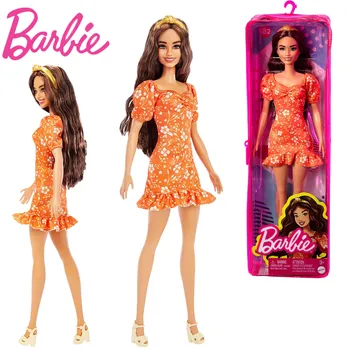  Barbie Papusa Fashionistas #182 Portocaliu Rochie de Imprimare Cu Lung Ondulat Bruneta Papusa Barbie Casă de Joacă Pansament Jucărie Cadou HBV16
