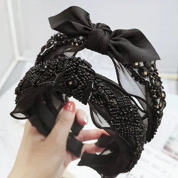  Boem, Vintage din Dantela Neagra cu Negru Margele de Semințe Bentita Femei Înnodate Hairband Arcuri de Par Moda Accesorii de Par, articole pentru acoperirea capului