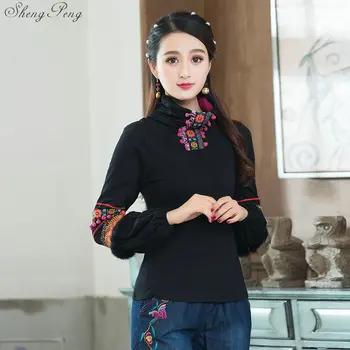  Cheongsam Sus Tradițională Chineză Haine Pentru Femei cu Maneca Lunga Plus Dimensiune 5XL Tricou Bumbac Haine Vintage de Top Tee Bluza Q663