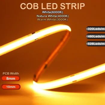  COB LED Strip Lumini 320 480 528LEDs/m de Mare Densitate panglică Panglică 3000-6000K Roșu Verde Albastru Galben RA90 DC12V/24V