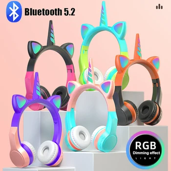  Copii drăguț Căști RGB Bluetooth5.2 Unicorni set de Căști Stereo Muzică Căști cu Microfon Suport TF Card/AUX pentru Baieti si Fete Cadou