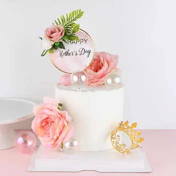  Decorare tort rotund de fier a crescut de frunze verzi de ziua mamei estetice tema Happy Birthday cake Topper decor Consumabile