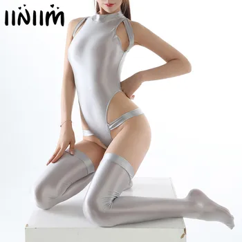  Femei Sexy Ciorapi de Nailon Chilot Lucios High Cut Tricou costum de Baie Mock Neck fără Mâneci Fermoar Spate Body cu Ciorapi
