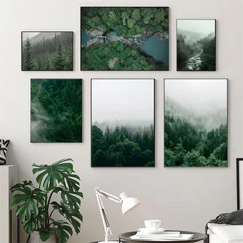  Green Mountain Copac Pădure, Ceață Arta De Perete Moderne Panza Pictura Pentru Camera De Zi Decor Nordic Postere Si Printuri Poze De Perete