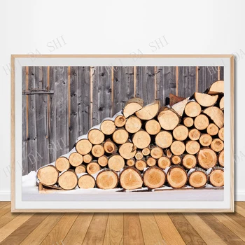  Grămada de lemne de imprimare lemn de foc lemn log iarna cabana de munte cu zăpadă stiva hut nordic scandinav rustic foto poster de arta de perete