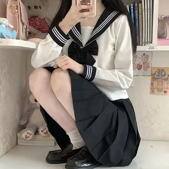  Japoneză Fată Școală Uniformă JK Negru Marinar de Bază Ortodoxe Marinar Uniformă Seturi Student Clasic Haine de Școlăriță Fusta Plisata