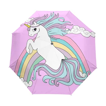  Minunat Unicorn Umbrele Femei Fată de Desene animate Automată Umbrelă de Ploaie Femei de Trei Pliante de Turism Umbrela Curcubeu parapluie