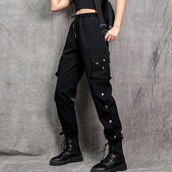  Negru Slim-fit-Pantaloni Femei de Înaltă Talie Pantaloni de Moda Fierbinte Pantaloni Femei Simplitate Decor Nit Buzunare Mari Vrac Confortabil