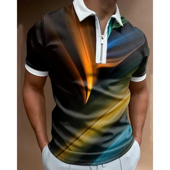  Noua Moda de Îmbrăcăminte pentru Bărbați Tricouri Polo Casual, Guler de Turn-Down cu Fermoar Mozaic Zori Print Short Sleeve Tee Camasa Barbati Polos Topuri