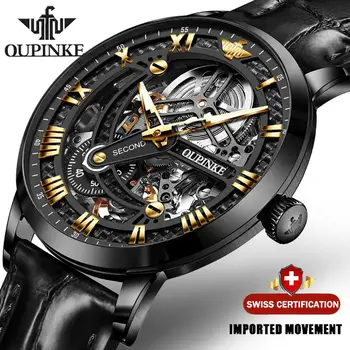  OUPINKE Brand de Lux Negru Automat Mechanical Ceas Pentru Bărbați Schelet Transparent Bărbați Ceasuri de Moda din Piele Ceas rezistent la apa