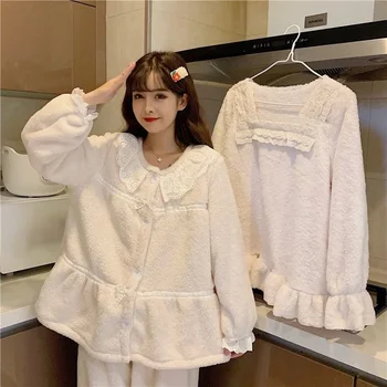  QWEEK Pijamale pentru Fete Adolescente Japoneze Kawaii Princess Dantela Pijamas Femei de Iarnă Flanel Haine de Acasă Pijamale Drăguț haine de casă