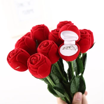  Trandafir Roșu În Formă De Cutie De Inel Flori Artificiale Cu Tija De Catifea Bijuterii Cutii De Ambalaj Aniversarea Logodnei Decoratiuni De Nunta