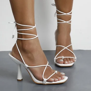  Vara Femei Sandale Design Sexy Gladiator Curea Glezna cu Toc Înalt Pantofi de Moda Alb-Negru sandale Flip-flop Sandale 41-42